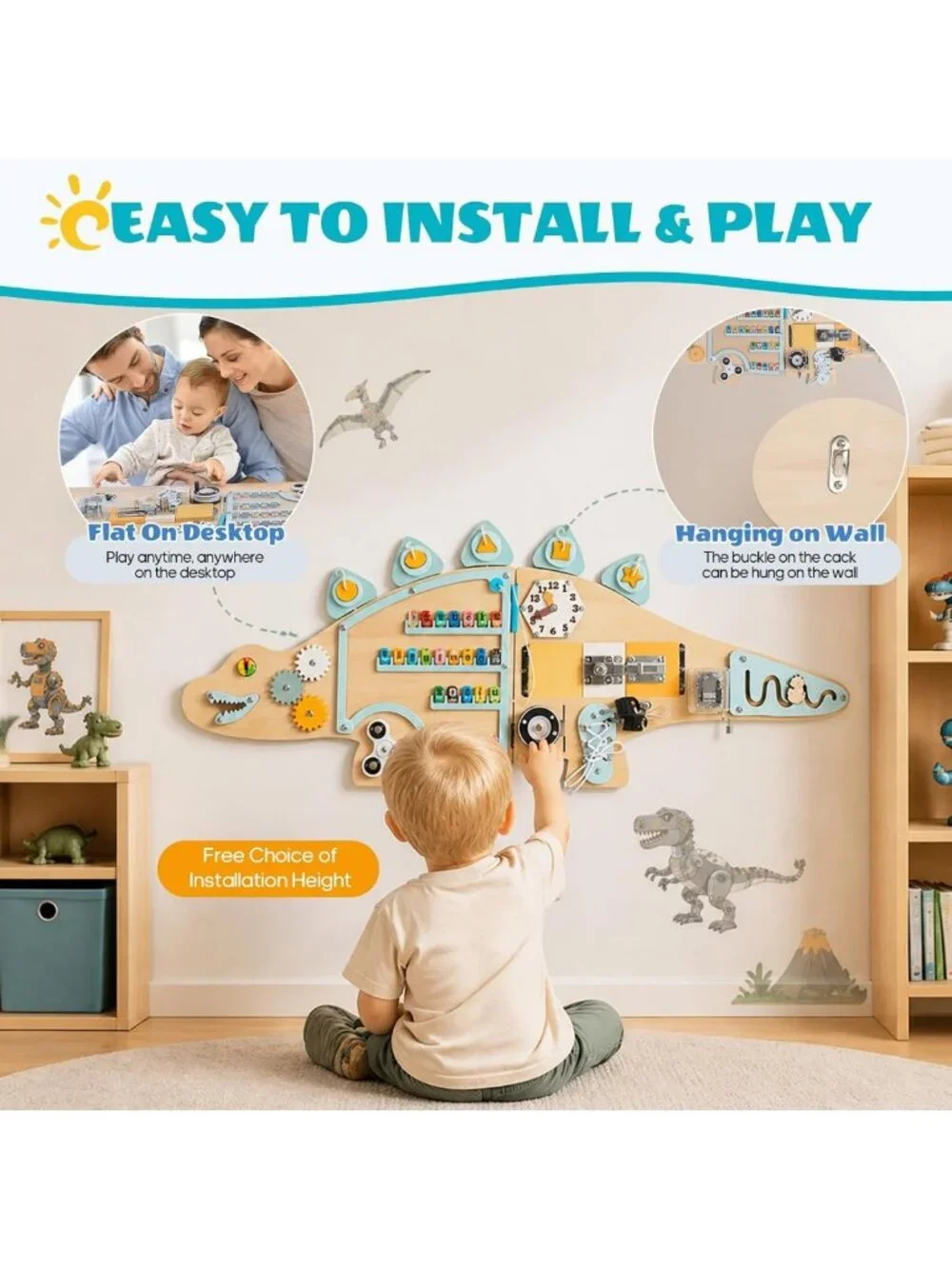 Wooden Dinosaur Busy Board - Wall Mounted Montessori Sensory Activity Panel